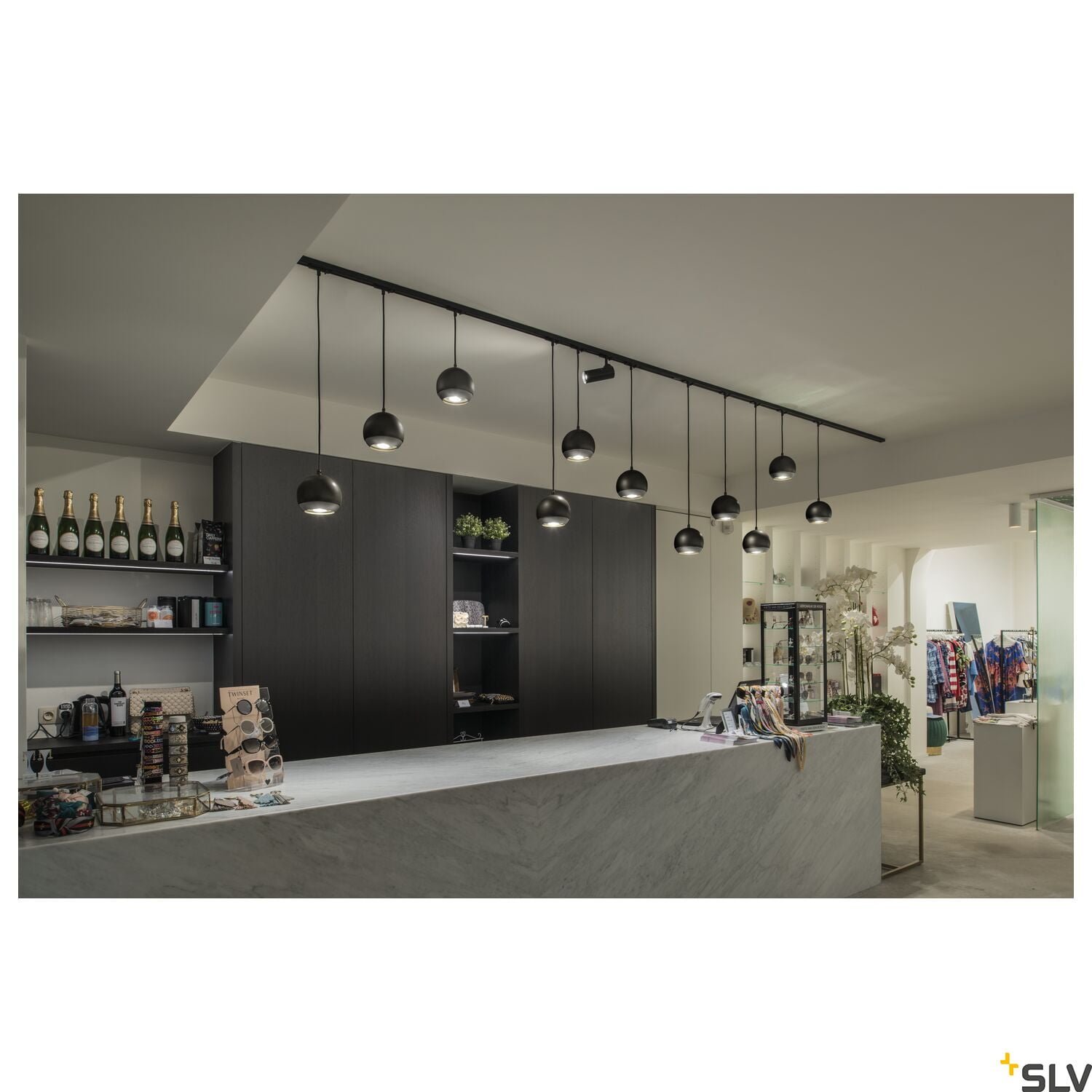 Light EYE® 150, Pendelleuchte für 1Phasen Hochvolt-Stromschiene, QPAR111, schwarz/chrom, max. 75W, inkl. 1 Phasen-Adapter 3