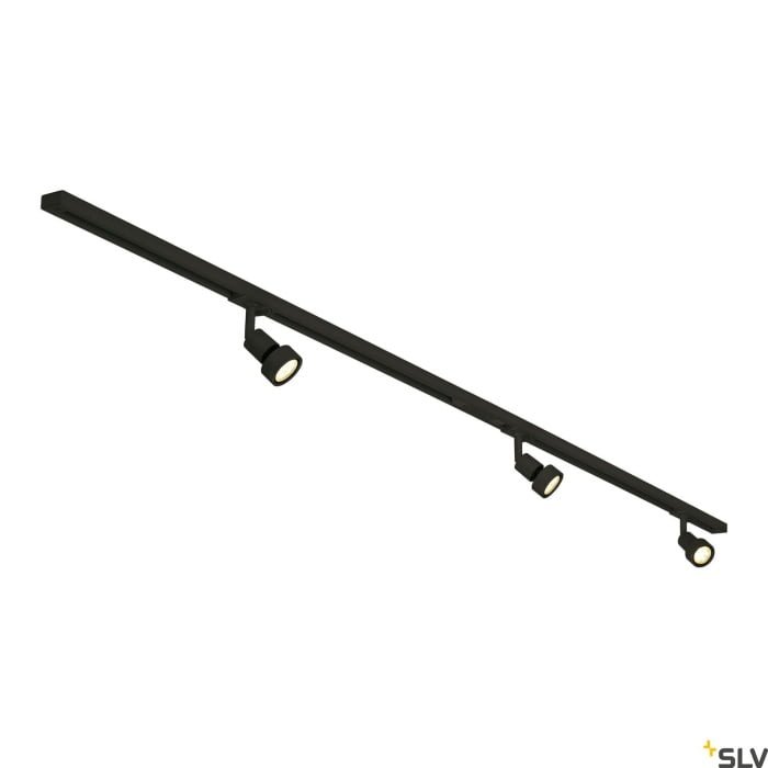 1PHASEN-HOCHVOLT-SET, dreiflammig, LED GU10 51 mm, schwarz, inkl. 2×1 m Hochvoltschiene, 3xPurileuchtkopf, Längsverbinder, 2 Endkappen, 3x Dekoring, 3x LED GU10 Leuchtmittel 2