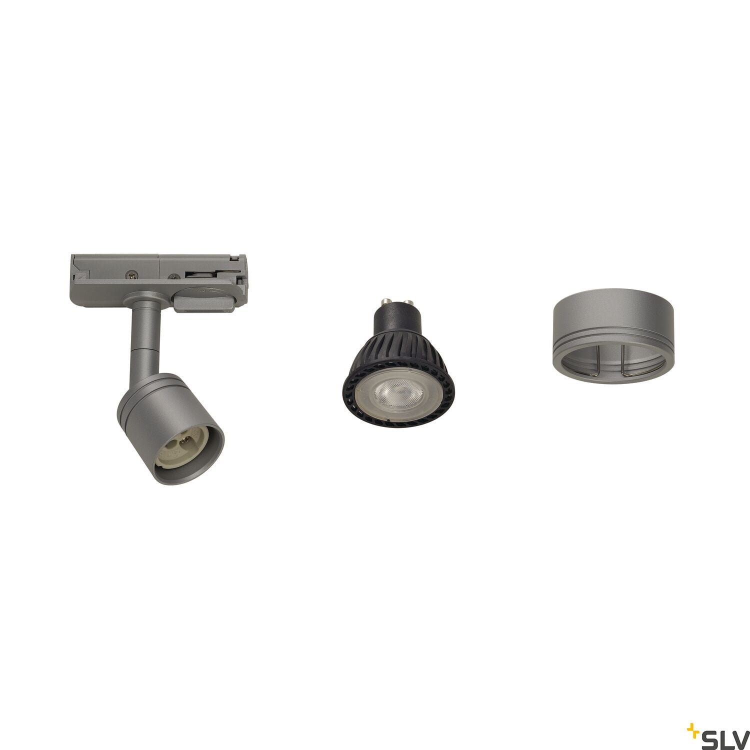 1PHASEN-HOCHVOLT-SET, dreiflammig, LED, silbergrau, inkl. 2×1 m Hochvoltschiene, 3xPurileuchtkopf, Längsverbinder, 2 Endkappen, 3x Dekoring, 3x LED GU10 Leuchtmittel 3